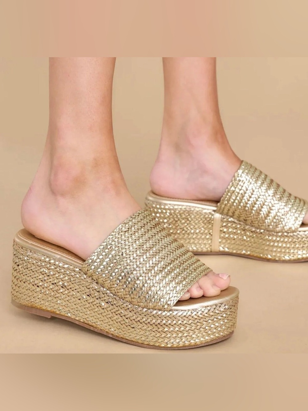 Beach by Matisse Peony Gold Woven Platform Wedge Slide Sandals